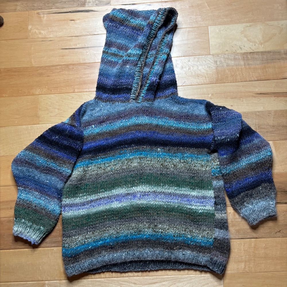 Handmade Knit Hoodie Wool Sweater Women L Striped Boho Pullover Chunky Oversized